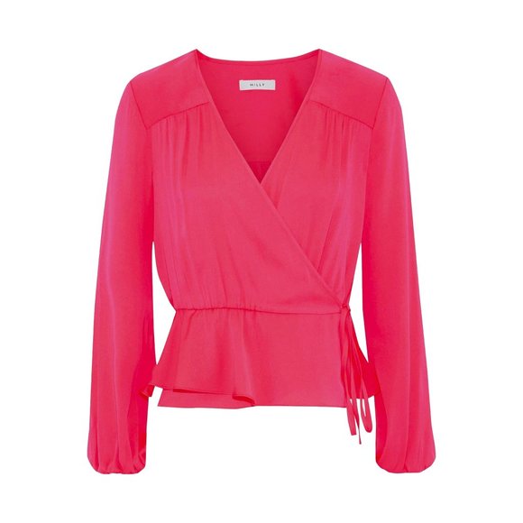 NWT Womens Size 6 Milly Hot Pink Kia Stretch-silk Crepe De Chine Peplum Wrap Top - Picture 1 of 4